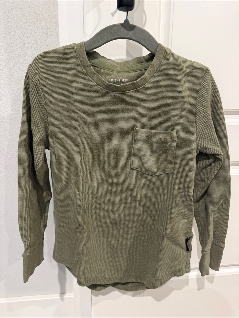 Little Bipsy Olive Green Waffle Long-Sleeve Pocket Tee